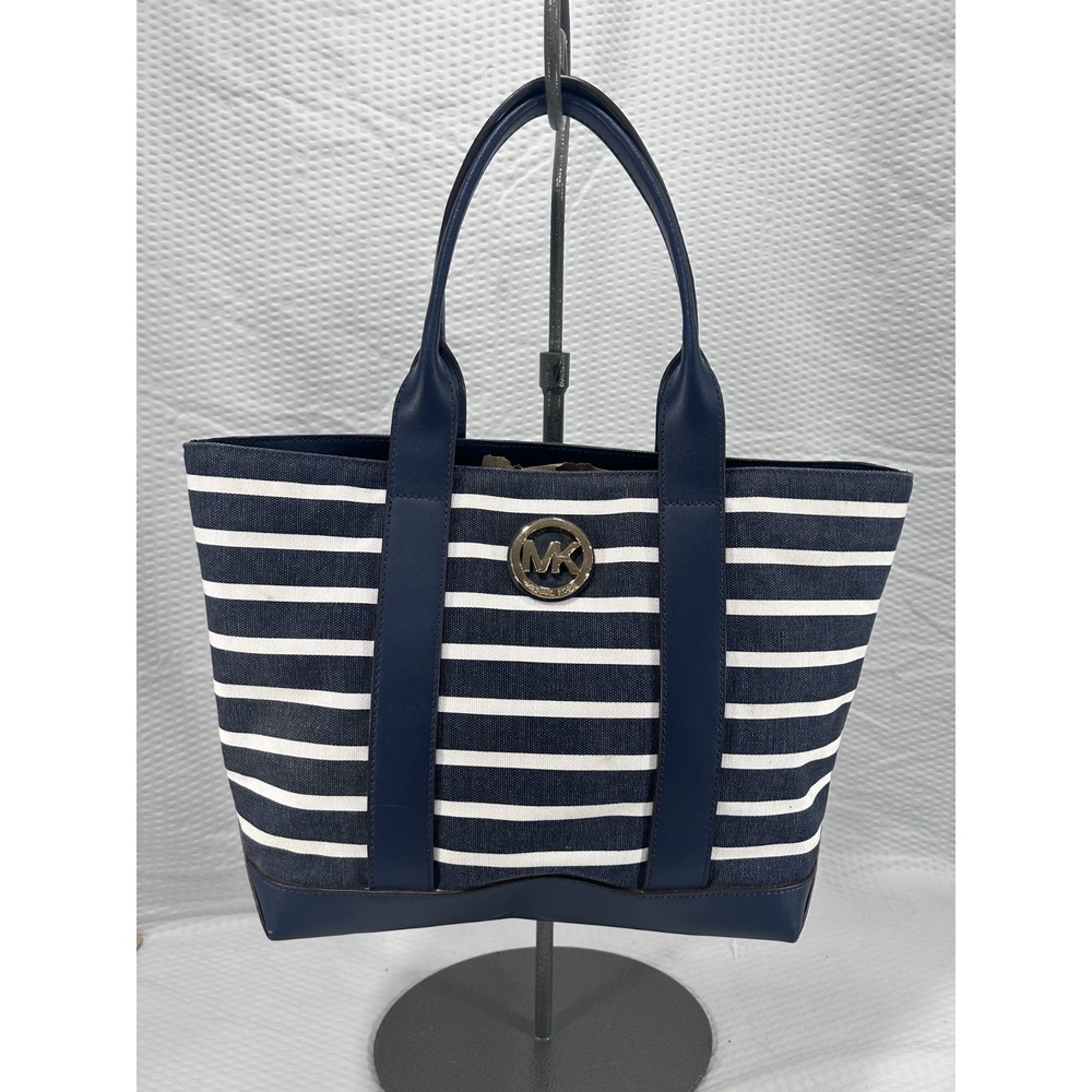 Michael Kors Navy white stripes canvas Fulton med tote shoulder bag authentic